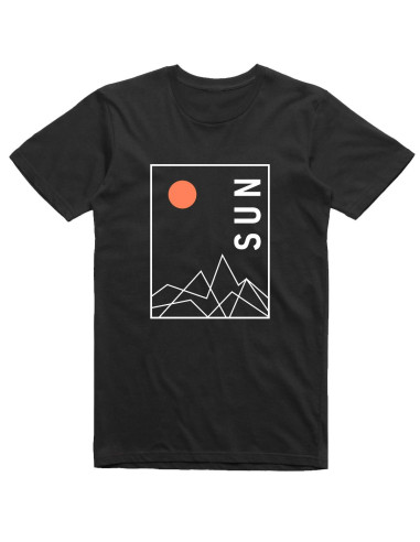 Red sun and geometric mountains